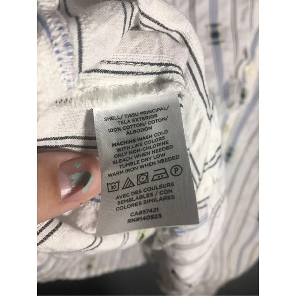 Womens Loft Button Up Shirt Square Detailing Cotton Novelty Print Striped Basic - Picture 2 of 4